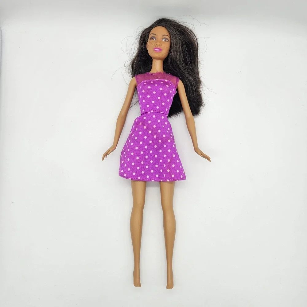 Barbie Doll African American Dark Hair Brown Eyes Purple Polka Dot Dress Mattel